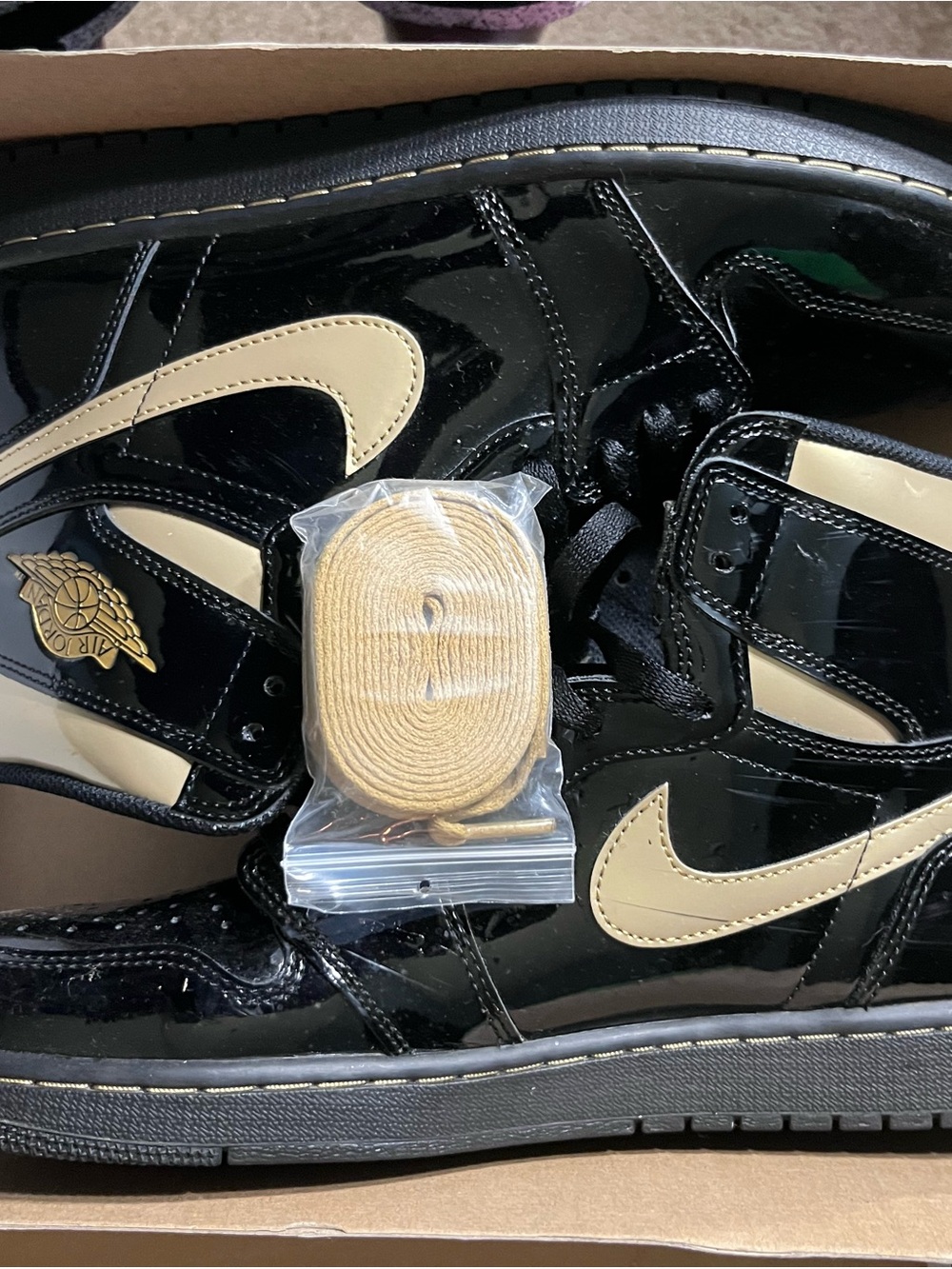 Jordan 1’s Men's Black and Beige Patent Leather High-Top Sneakers